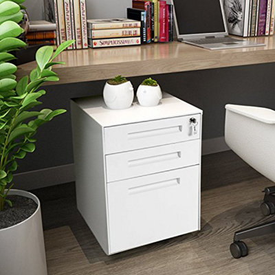 3 Drawer File Cabinet Filing Pedestal Metal Solid Mobile with Keys, Fully Assembled Except Casters (White)