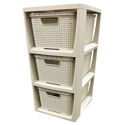 3 Drawer Large Spacious Rattan Effect Cream Home Office Modular Storage Tower Unit