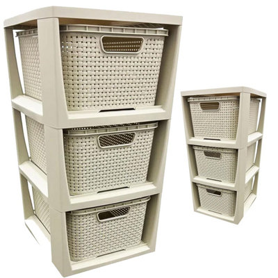3 Drawer Large Spacious Rattan Effect Cream Home Office Modular Storage Tower Unit - 3