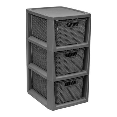 3 Drawer Large Spacious Rattan Effect Grey Home Office Modular Storage Tower Unit