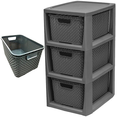 3 Drawer Large Spacious Rattan Effect Grey Home Office Modular Storage Tower Unit