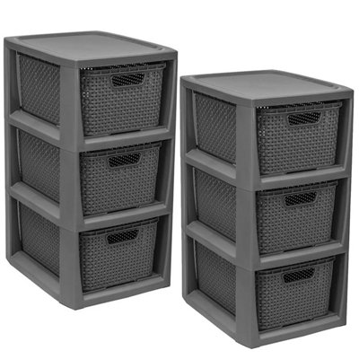 3 Drawer Large Spacious Rattan Effect Grey Home Office Modular Storage Tower Unit - 3