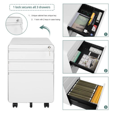 3-Drawer Mobile File Cabinet for A4 File Lockable Anti-tilt Rolling Design - 3