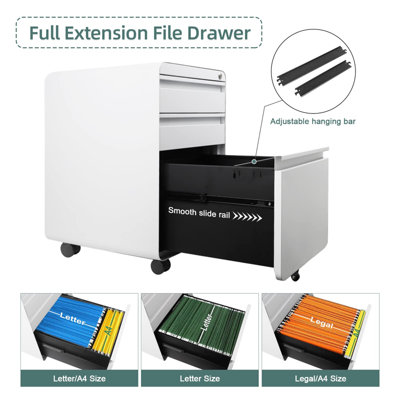 3-Drawer Mobile File Cabinet for A4 File Lockable Anti-tilt Rolling Design - 4