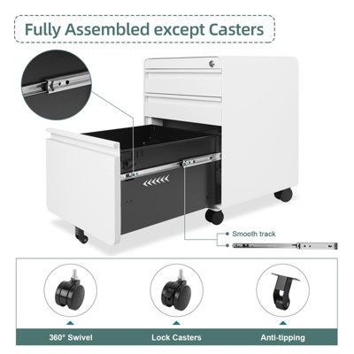 3-Drawer Mobile File Cabinet for A4 File Lockable Anti-tilt Rolling Design - 5