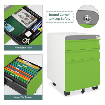 3-Drawer Mobile File Cabinet for A4 File Lockable with Hanging File Frame and Anti-tilt Rolling Design Green - 4