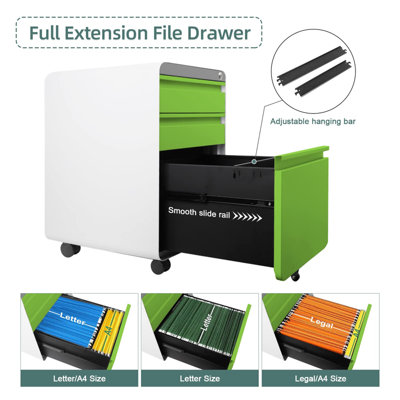 3-Drawer Mobile File Cabinet for A4 File Lockable with Hanging File Frame and Anti-tilt Rolling Design Green - 5