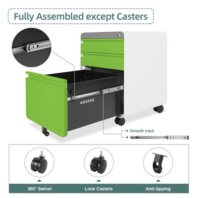 3-Drawer Mobile File Cabinet for A4 File Lockable with Hanging File Frame and Anti-tilt Rolling Design Green - 6