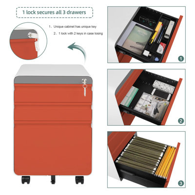 3-Drawer Mobile File Cabinet for A4 File Lockable   with Hanging File Frame and Anti-tilt Rolling Design - 3