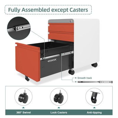 3-Drawer Mobile File Cabinet for A4 File Lockable   with Hanging File Frame and Anti-tilt Rolling Design - 6