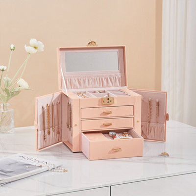 3-Drawer Pink PU Leather Jewellery Box with Gold Love Lock and Side Compartments