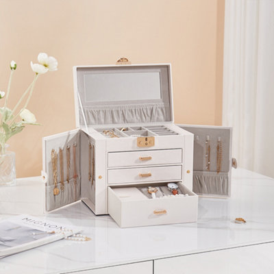 3-Drawer White PU Leather Jewellery Box with Gold Love Lock and Side ...
