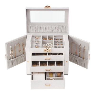 3-Drawer White PU Leather Jewellery Box with Gold Love Lock and Side ...