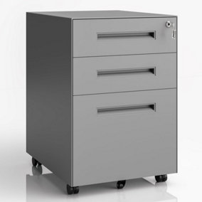 3-Drawers Mobile File Cabinet with Hanging Frame Lockable Vertical File Cabinet Anti-tilt Design Grey