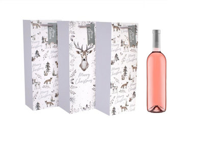 3 Eco Christmas Bottle Bags Woodland Animals Stag Design Recyclable Wine Bags