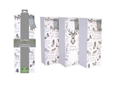 3 Eco Christmas Bottle Bags Woodland Animals Stag Design Recyclable Wine Bags