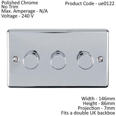 3 Gang 400W 2 Way Rotary Dimmer Switch CHROME Light Dimming Wall Plate