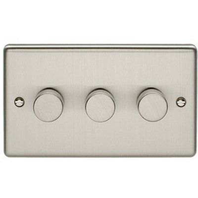 3 Gang 400W 2 Way Rotary Dimmer Switch SATIN STEEL Light Dimming Wall Plate