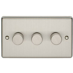 3 Gang 400W 2 Way Rotary Dimmer Switch SATIN STEEL Light Dimming Wall Plate