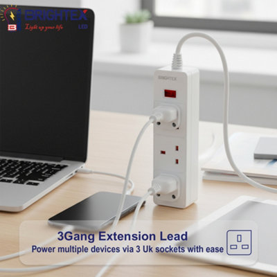 3 Gang Extension Lead 2m UK Plug Power Strip with Child Safety Shutters ...