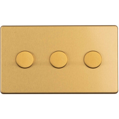 3 Gang Rotary Dimmer Switch 2 Way LED SCREWLESS SATIN BRASS Light Dimming Wall