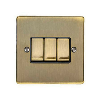 3 Gang Triple Light Switch ANTIQUE BRASS 2 Way 10A Black Trim & Metal Rocker