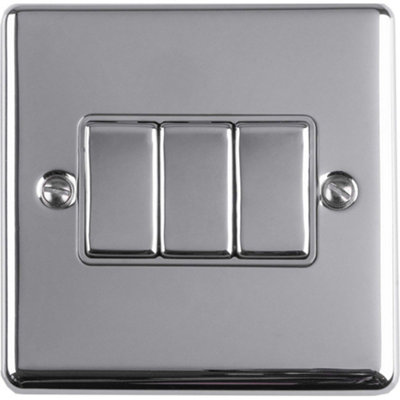 3 Gang Triple Light Switch POLISHED CHROME 2 Way 10A GREY Trim & Metal Rocker