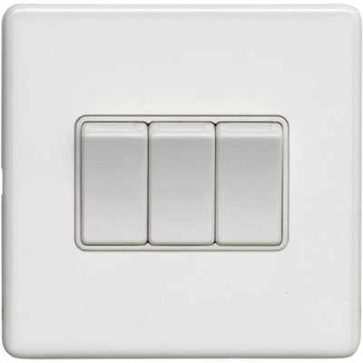 3 Gang Triple Light Switch SCREWLESS MATT WHITE 2 Way 10A Metal Rocker Slim