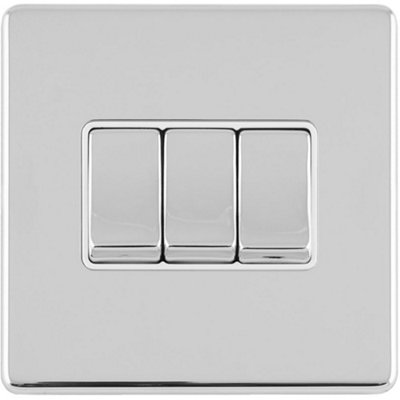 3 Gang Triple Light Switch SCREWLESS POLISHED CHROME 2 Way 10A Metal Rocker Slim