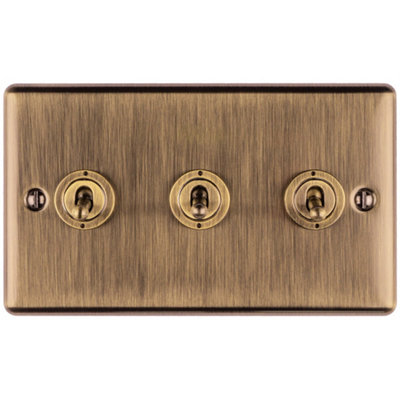 3 Gang Triple Retro Toggle Light Switch ANTIQUE BRASS 10A 2 Way Lever ...