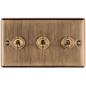3 Gang Triple Retro Toggle Light Switch ANTIQUE BRASS 10A 2 Way Lever Plate
