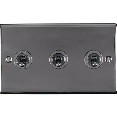 3 Gang Triple Retro Toggle Light Switch BLACK NICKEL 10A 2 Way Lever Plate
