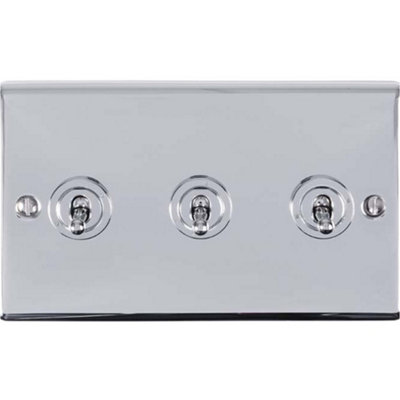 3 Gang Triple Retro Toggle Light Switch POLISHED CHROME 10A 2 Way Lever Plate
