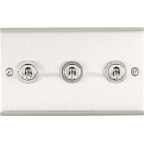 3 Gang Triple Retro Toggle Light Switch SATIN STEEL 10A 2 Way Lever Wall Plate