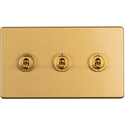 3 Gang Triple Retro Toggle Light Switch SCREWLESS SATIN BRASS 10A 2 Way Lever