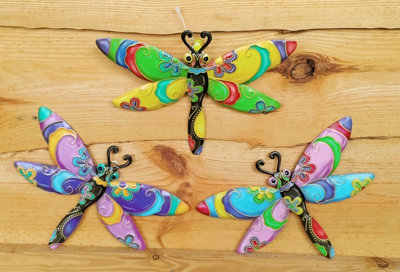 3 Garden Metal Dragonfly Plaques Colourful Hanging Garden Wall Decorations