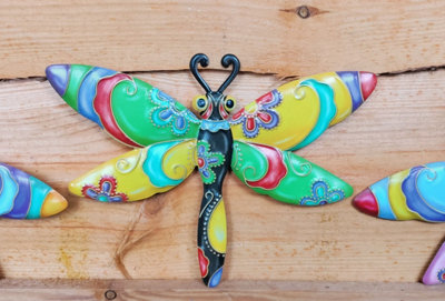 3 Garden Metal Dragonfly Plaques Colourful Hanging Garden Wall Decorations