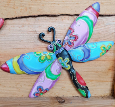 3 Garden Metal Dragonfly Plaques Colourful Hanging Garden Wall Decorations - 3