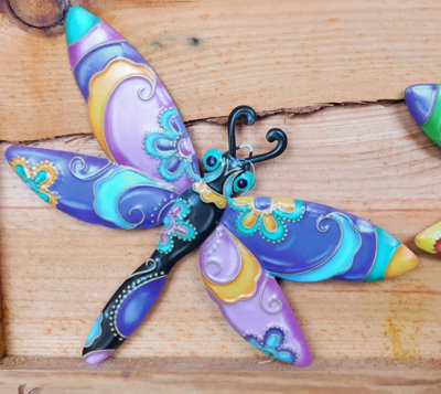 3 Garden Metal Dragonfly Plaques Colourful Hanging Garden Wall Decorations