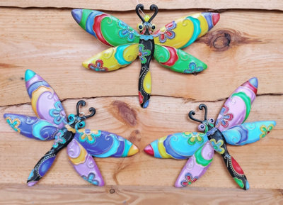 3 Garden Metal Dragonfly Plaques Colourful Hanging Garden Wall Decorations - 5