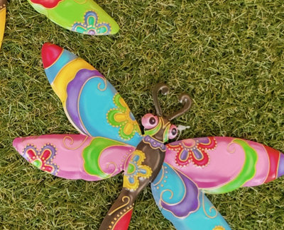 3 Garden Metal Dragonfly Plaques Colourful Hanging Garden Wall Decorations - 6