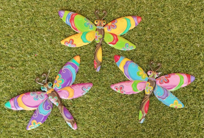 3 Garden Metal Dragonfly Plaques Colourful Hanging Garden Wall Decorations - 7