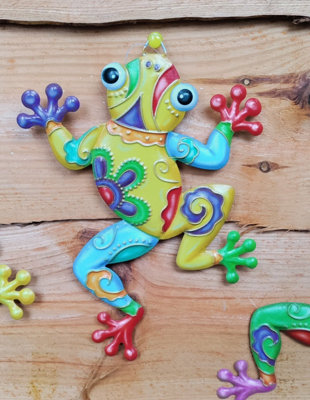 3 Garden Metal Frog Plaques Colourful Hanging Garden Wall Decorations