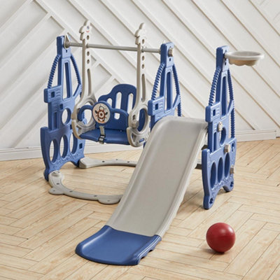 3 in 1 Blue and Grey Slide and Swing Set Play Set with Basketball Hoop W 1330 x D 1530 x H 1030 mm