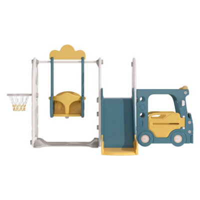 3 in 1 Blue and Yellow Bus Cartoon Slide and Swing Set Play Set with Basketball Hoop W 2160 x D 1710 x H 1150 mm