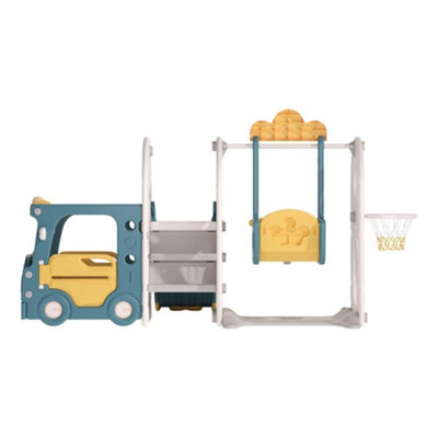 3 in 1 Blue and Yellow Bus Cartoon Slide and Swing Set Play Set with Basketball Hoop W 2160 x D 1710 x H 1150 mm - 4