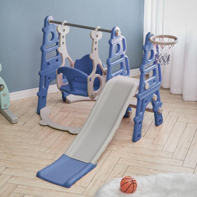 3 in 1 Blue Kids Children Toddler Slide and Swing Set Play Set with Basketball Hoop W 1350 x D 1850 x H 1050 mm