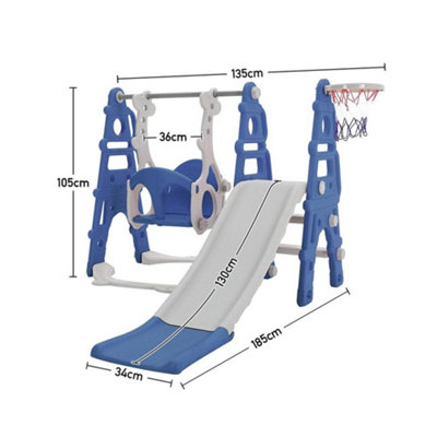 3 in 1 Blue Kids Children Toddler Slide and Swing Set Play Set with Basketball Hoop W 1350 x D 1850 x H 1050 mm - 5