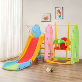 3 in 1 Colorful Kid Toddler Children Slide and Swing Set Play Set with Basketball Hoop W 1500 x D 1800 x H 1050 mm