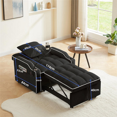 3-in-1 Adjustable Sofa Bed Sleeper Chair With USB & Type C Ports – Black
